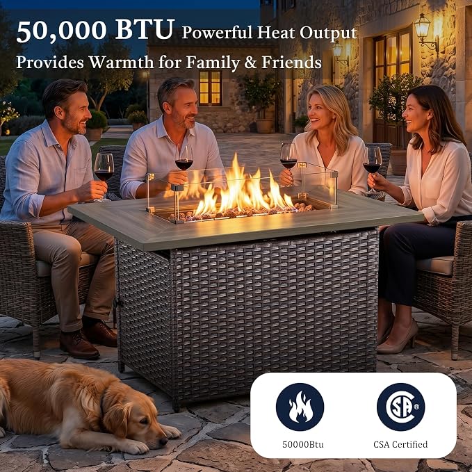 Luxury 6" Thick Cushion 11 Pieces Wicker Patio Furniture Set with 41”Fire Table, Outdoor Conversation Set with Swivel Rocker Chairs Set of 4 and Patio Couch for Deck Porch Yard and Poolside
