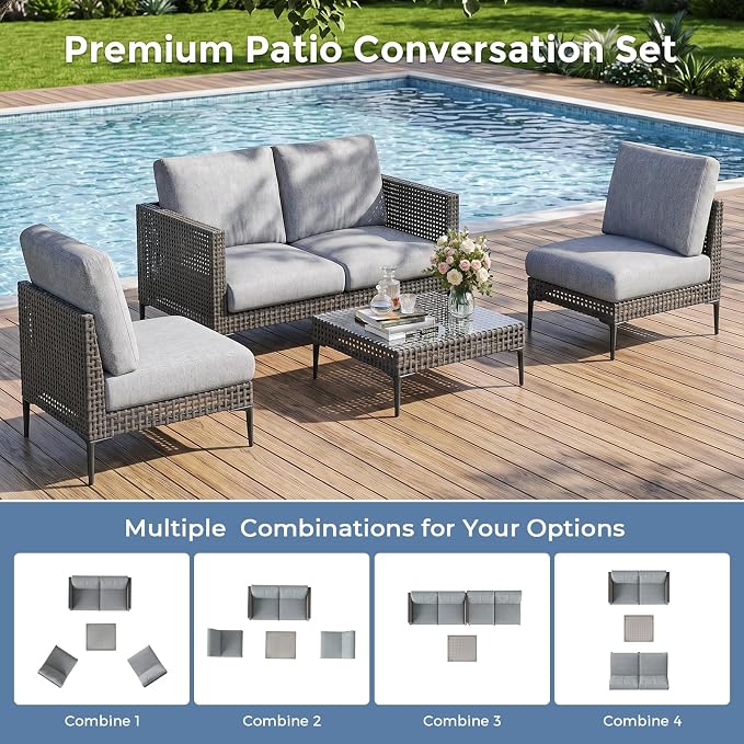 Jocoevol Outdoor Patio Sofa Conversation Set–Rattan 4 Seats Comfortable Couch for Garden, Yard, Weatherproof–Includes Glass Table, Armless Chairs, and Two-Seater Sofa
