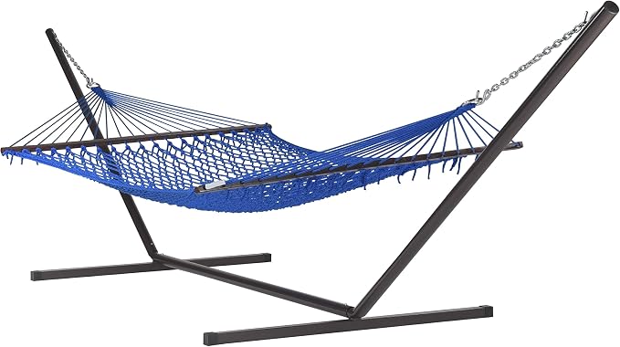 Jumbo Caribbean Rope Hammock and Metal Tri Beam Stand Mocha (Dark Blue)