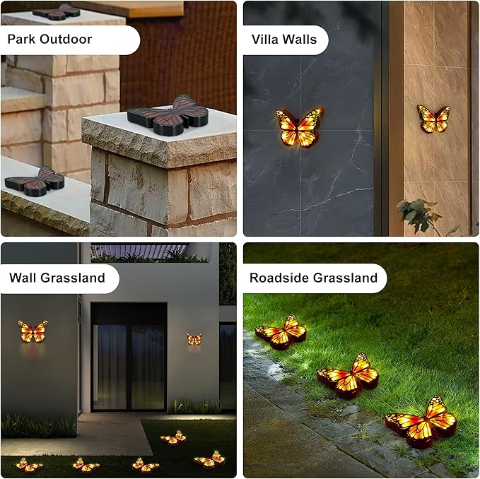 ground lights, equipped with 4 solar butterfly lights for outdoor waterproofing, 14 LED solar landscape lighting, suitable for gardens, courtyards, terraces, corridors, lanes, and walkways (yellow)