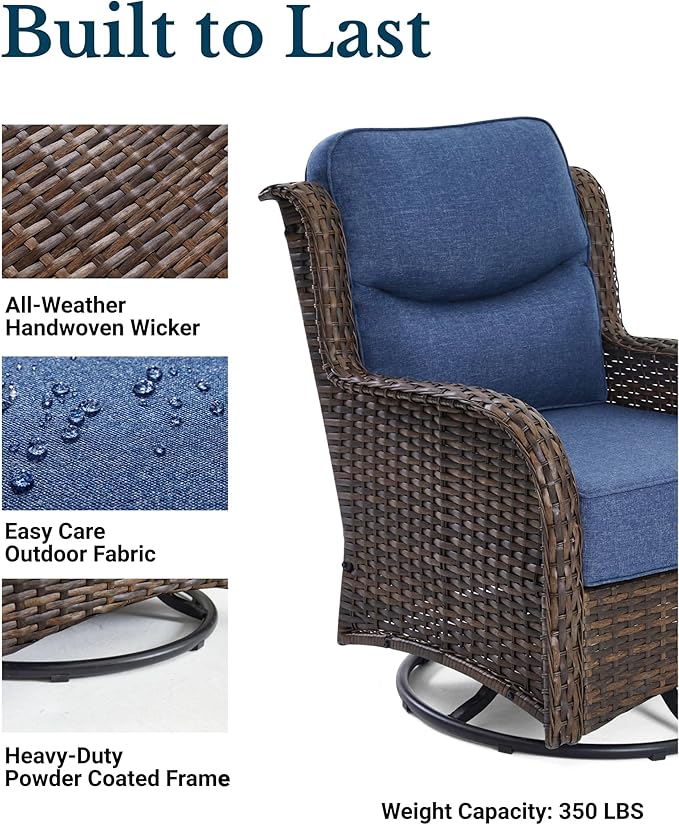 HILLGA Luxury Outdoor Patio Furniture Set with 6-Inch Thick Cushions, High Back Wicker Swivel Rocker Chairs, 6 Pcs All Weather Conversation Set for Large Deck, Yard and Poolside, Blue (V3)