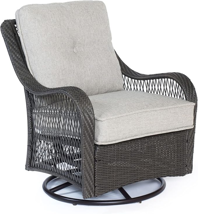 Hanover Orleans 3-Piece Patio Conversation Set with 2 Gray Weather Resistant Wicker Swivel Rockers, Navy Blue Water Resistant Cushions, and Glass Top Square Table, Outdoor Bistro Set 3-Piece