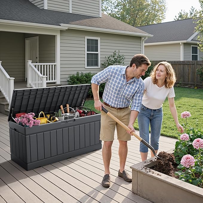 Flamaker Outdoor Storage Box 80 Gallon Resin Waterproof Deck Box Delivery Box with Wood Texture Large Storage Bin for Patio Cushions, (Grey)