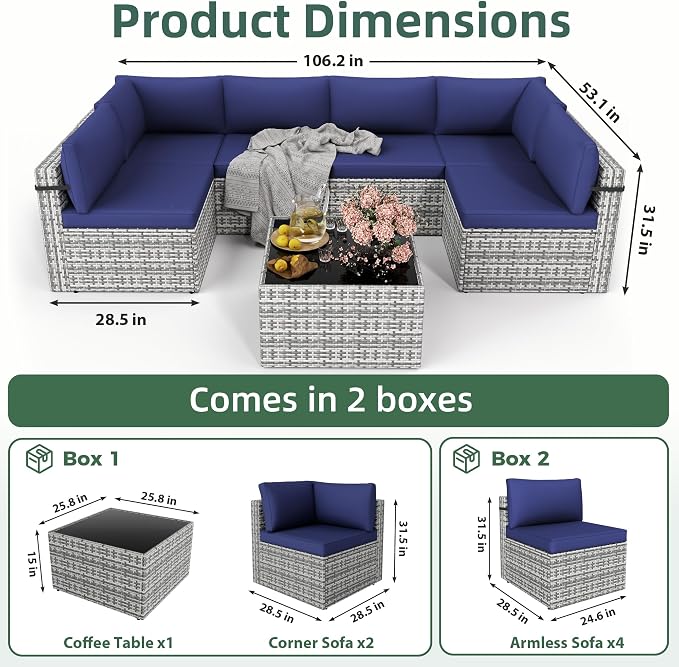 Pamapic 7 Piece Outdoor Sectional Sofa Set, All-Weather Patio Furniture with Washable Cushions, Waterproof Gray Rattan Wicker Conversation Set for Backyard, Poolside, Garden (Navy Blue Cushions)