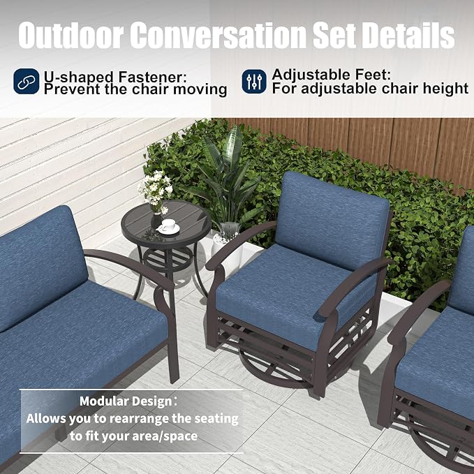 Kurapika Aluminum Patio Furniture Set 5-Seat Modern Metal Outdoor Conversation Sets w/5.1 Inch Cushion Patio Sectional Sofa, Navy Blue