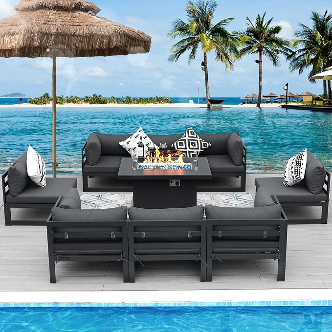 RADIATA 9 Pcs Modern Aluminum Outdoor Patio Furniture Set with Fire Pit Table Propane/Gas, Extra Large All-Weather Modular Sectional Couch, 29" Wide Deep Seating Conversation Sofa for Deck, Dark Grey