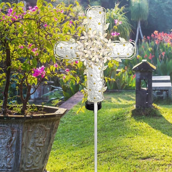 COOZZYHOUR 38Inch Solar Cross Garden Lights Outdoor Decorative - Solar Metal&Glass Cross White Hydrangea Flower Stake Lights- Waterproof 20 Warm White LED for Remembrance Gifts & Sympathy Gifts.