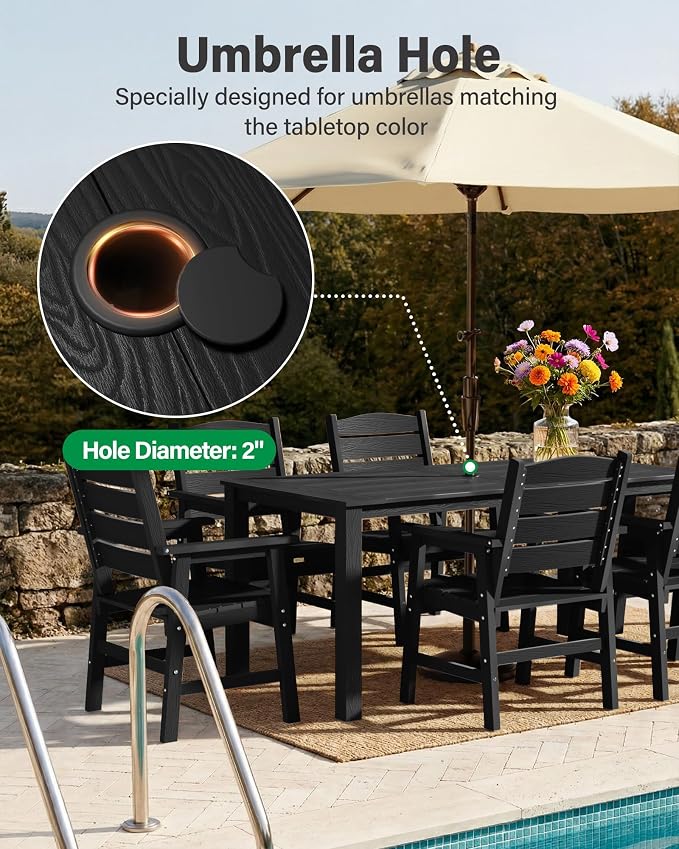 YEFU Patio Dining Sets HIPS: 12-Piece Outdoor Table and Chairs with Umbrella Hole - Modern Outside Furniture Plastic Patio Dining Set for 10 with Metal Aluminum Frame for Family with Deck/Pool Black