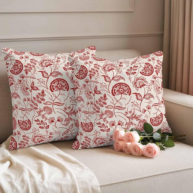 Outdoor Pillow Covers 16x16 Set of 2, Red Spring Floral Waterproof Patio Throw Pillow Covers for Couch Sofa Chair, Summer Botanical Farmhouse Decorative Pillowcases for Throw Pillows