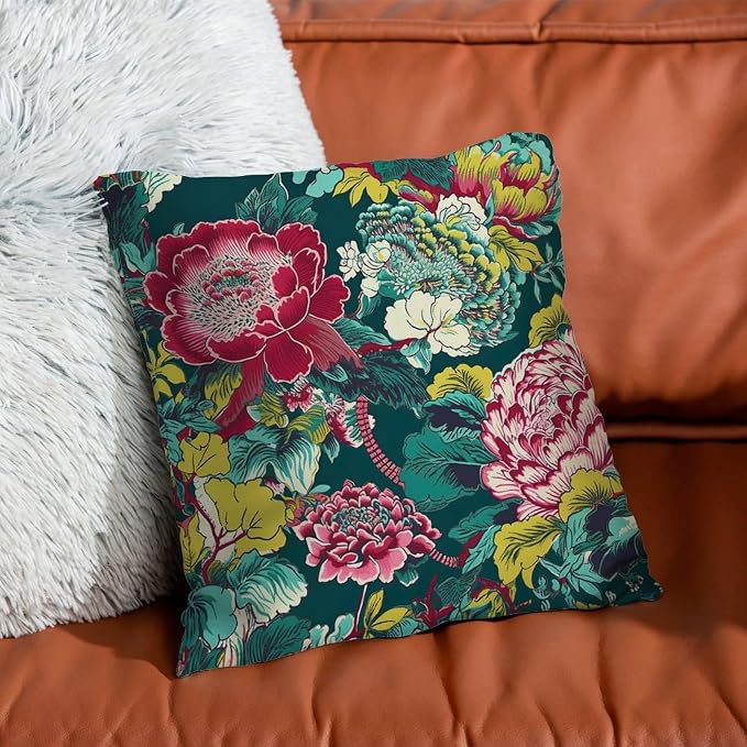 Chinoiserie Red Peony Floral Pillowcase Green and Pink Throw Pillow Cover Rustic Throw Pillow Covers Farmhouse Decorative for Couch Sofa Patio 24x24 in