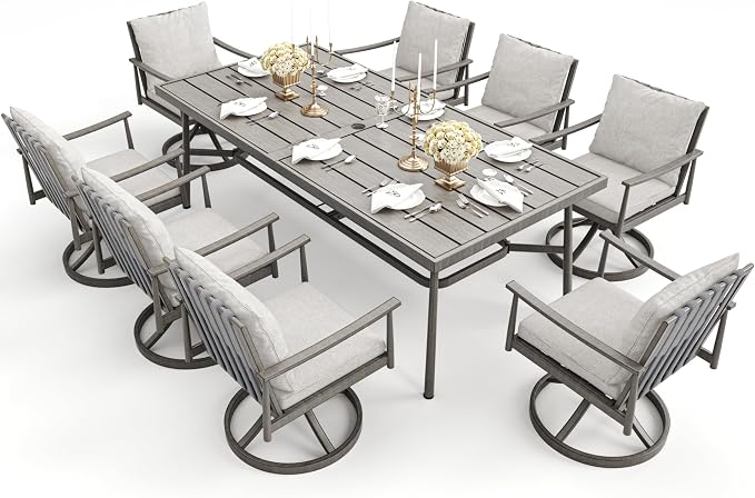HAPPATIO 9-Piece Patio Dining Set for 8, Aluminum Outdoor Dining Set with Cushions, 8 Swivel Dining Chairs, 1 Large Rectangular Table with Umbrella Hole for Lawn, Porch, Backyard, Gray