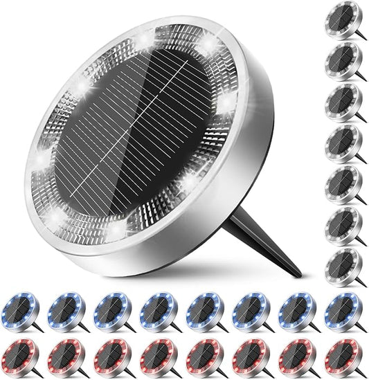 Solar Ground Lights Outdoor, 24 Pack Flat Solar Powered Disc Lights, IP68 Waterproof, Anti-Rust, Landscape Lighting for Pathway Garden Yard Lawn Walkway Landscape Driveway, Red+Blue+Cool White