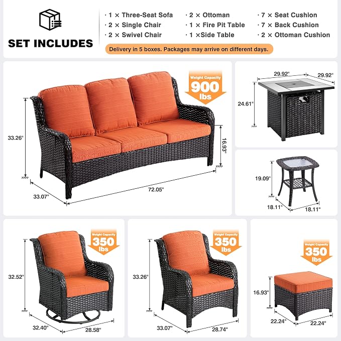 ovios 9 Pieces Patio Furniture Set with 30 inch Fire Pit Table, Outdoor Wicker Sofa Couch Swivel Rocking Glider Chairs, Modern Luxury Conversation Set, Brown Wicker, Orange Red