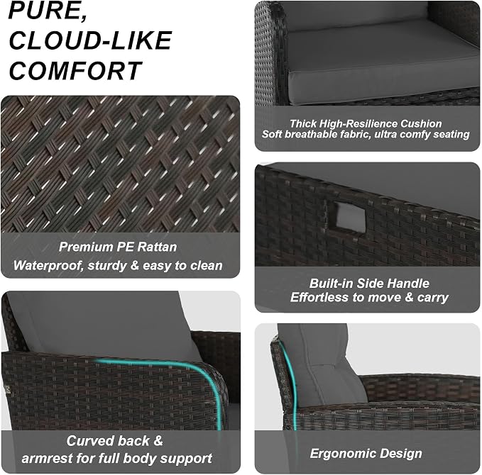 5 Piece PE Wicker Patio Furniture Set, Outdoor Conversation Chairs with Pull Out Hidden Ottoman, Soft Cushions & Glass Coffee Table, Wicker Bistro Set for Porch, Garden, Balcony, Poolside (Grey)