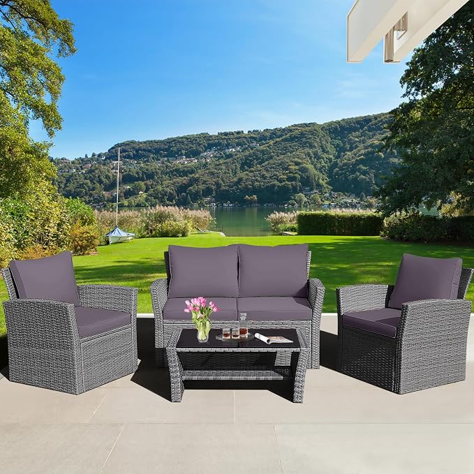 HAPPYGRILL 4PCS Patio Rattan Furniture Set Outdoor Conversation Set with Cushions and Coffee Table, Sectional Wicker Sofa Set for Garden Porch Balcony Poolside