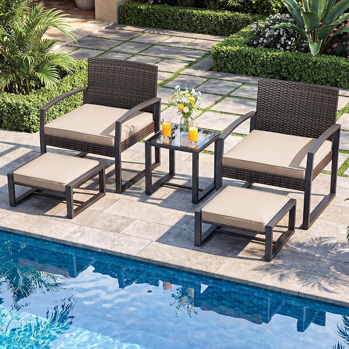 Tangkula 5 Pieces Wicker Patio Conversation Set, Outdoor PE Rattan Chair with Ottoman Set with Glass Side Table, 2-Person Small Balcony Furniture Seating Set with Cushions for Porch, Backyard, Deck
