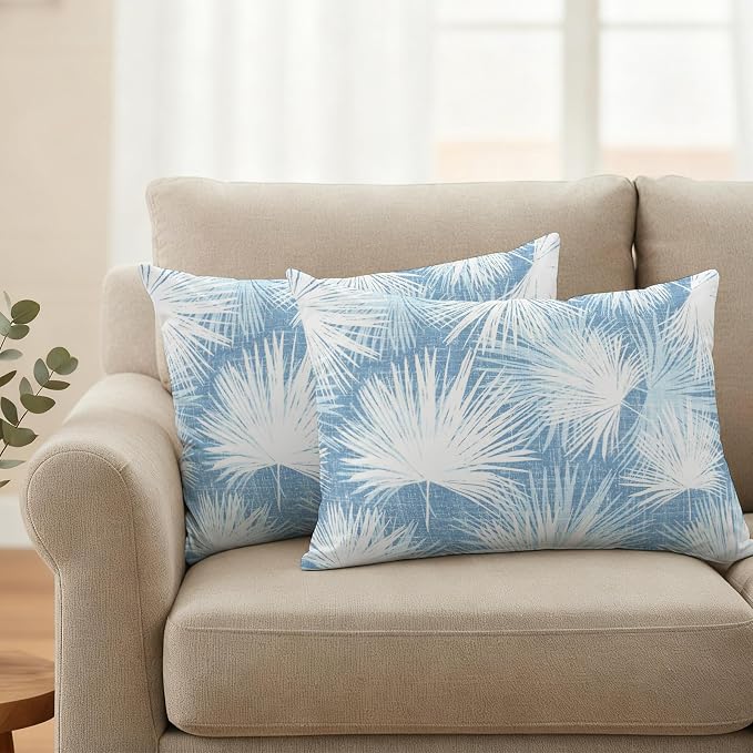 Lumbar Pillow Covers 20x12 Inch Set of 2, Sky Blue Palm Leaves Coastal Waterproof Outdoor Pillow Covers, Summer Tropical Botanical Decorative Cushion Pillowcases for Couch, Sofa, Bed, Garden, Patio