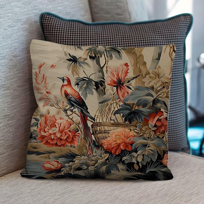 Moore Manor Antique Chinoiserie Pillowcase Vintage Boats and Flowers Cushion Cover 24x24 INClassic Accent Decorative Cushion Covers Home Decor for Living Bed Room Patio Home