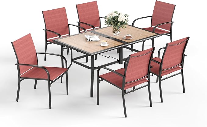 SUNSHINE VALLEY 7 Pcs Patio Dining Set for 6, Rectangular Metal Dining Table (PVC Table Top) with Umbrella Hole and 6 Chairs, Outdoor Dining Set for Lawn Garden Deck, Red