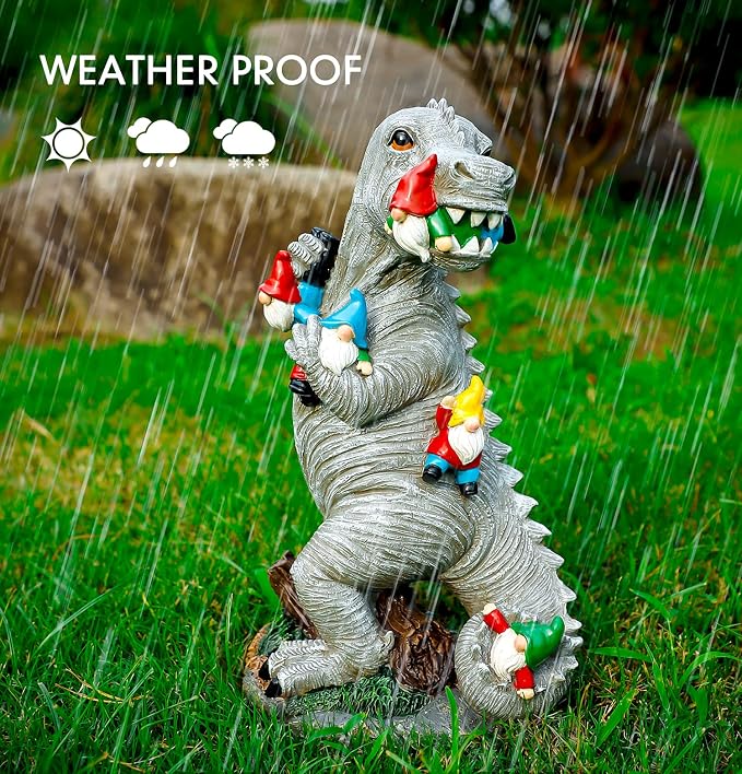 Himaweek Garden Statue Outdoor Decoration, Weatherproof 14” Dinosaur Garden Gnome, Indoor Outdoor Décor Garden Art for Patio Lawn Yard, Gardening Gift for Homeowners