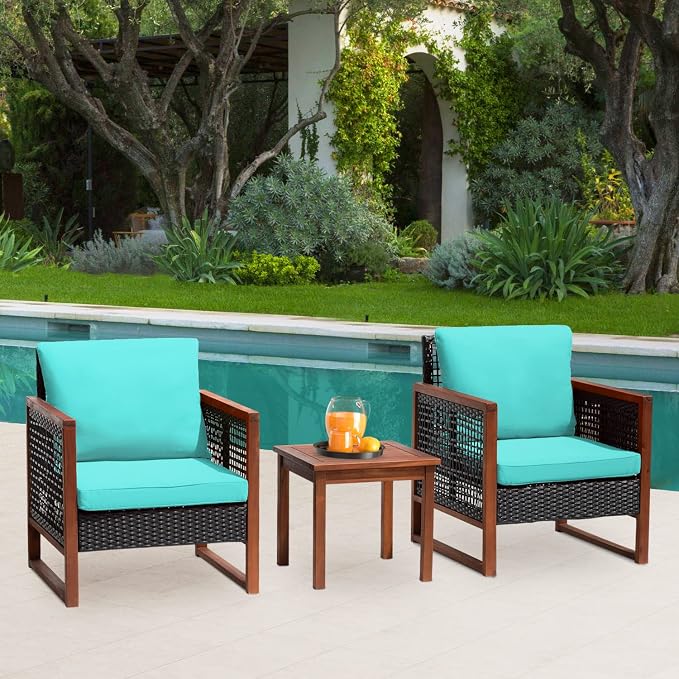FDW 3-Piece Patio Bistro Set Acacia Wood Outdoor Chat Conversation Table Chair Set Outdoor Wood Chat Set with Water Resistant Cushions and Coffee Table for Beach Backyard Garden,Blue Cushion