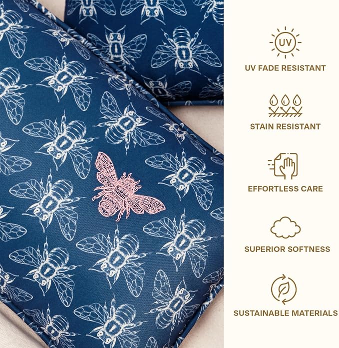 Honeycomb Indoor/Outdoor Lumbar Pillow for Patio Furniture, 20 x 12 | Nocturnal Blue Embroidered Bumble Bee Throw Pillow, Water & Fade Resistant for Patio Furniture Set