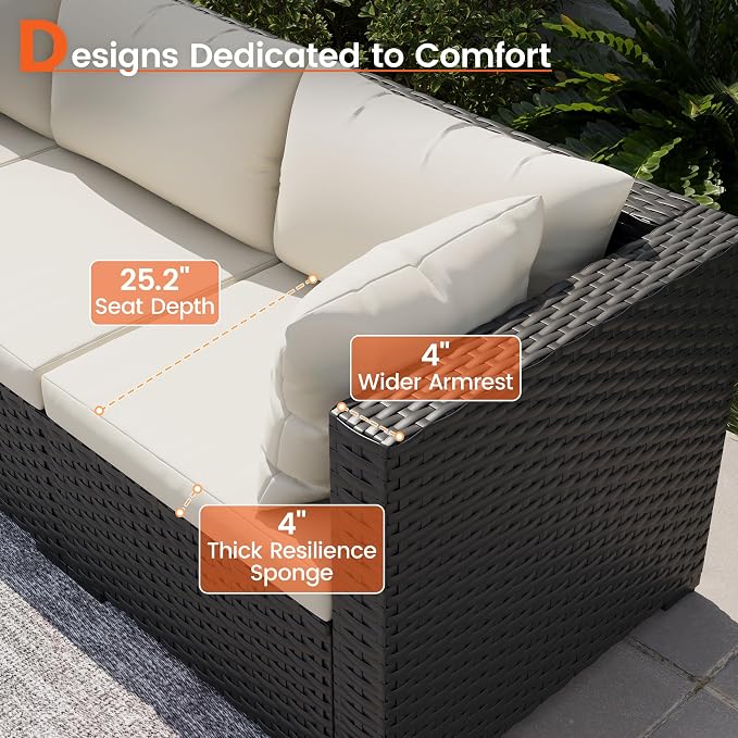 8 Piece Patio Furniture Set with 43" Fire Pit Table, Outdoor Sectional Wicker Rattan Sofa Set with Coffee Table (White/Black)