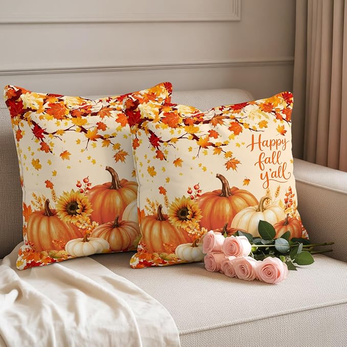 Orange Fall Waterproof Outdoor Pillow Covers 16''x16'' Set of 2, Maple Tree Branch Thanksgiving Pumpkin Patio Cushion Covers for Chairs,Decorative Countryside Leaves Pillow Cases for Garden/Pool/Beach