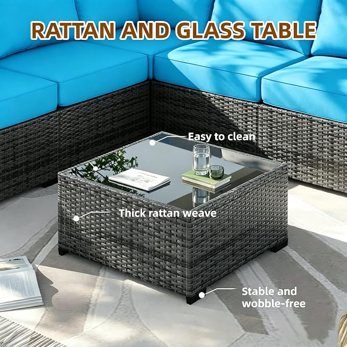 MOCHITO 7 Pcs Outdoor Patio Furniture Sets Grey Rattan Turk Blue Cushions | All-Weather Sectional Sofa, with Glass Table, PE Rattan Wicker Patio Furniture , Washable Cushions, for Balcony Porch Garden