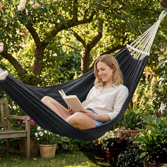 ANYOO Portable Camping Hammock Cotton Hammocks with Spreader Bar Outdoor | Sturdy Lightweight Hammocks Up to 450lbs with Carry Bag