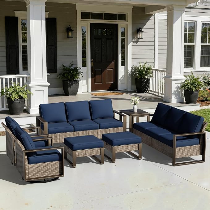 Outdoor Patio Swivel Rocker Chairs, 7 Pieces Wicker Furniture Set, 2 Swivel Rocking Chairs, 2 Sofa 2 Ottoman and 1 Table, Wide Armrest, Thick Cushions and Deep Seating for Garden, Backyard, Porch