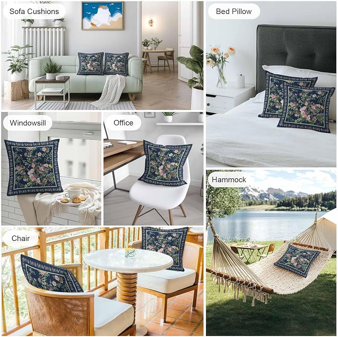 Vandarllin Outdoor Throw Pillows Covers 16x16 inch Set of 2 Waterproof Pink Floral Bird Decorative Zippered Cushion Covers for Patio Furniture, Green Leaves Branches Navy Blue Lumbar Pillowcases