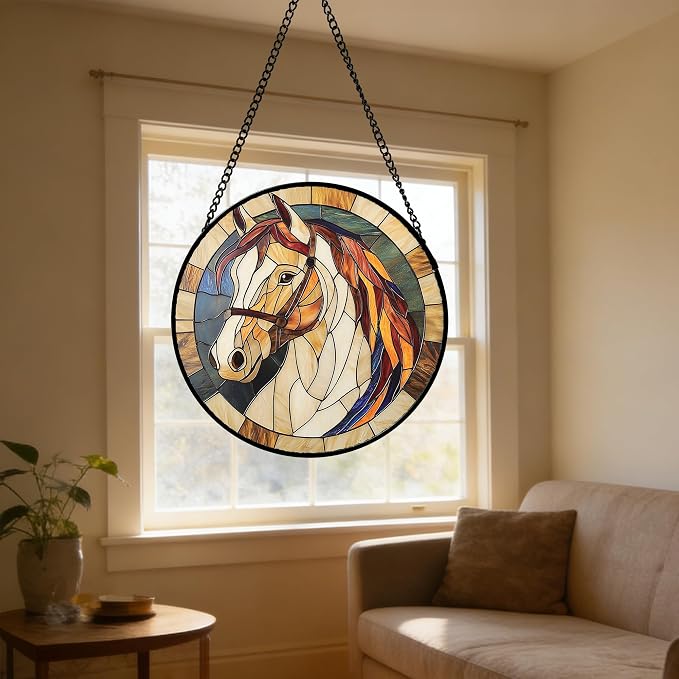 DASTOLL Stained Glass Window Hanging, Animal Horse Colored Mane Sun Catchers Glass Panel Cool Suncatcher Decor for Birthday for Women, Men, Wife, Aunt, and Mom 9.8 in