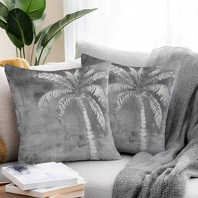 Coastal Beach Tree Grey Outdoor Waterproof Pillow Covers, Vintage Summer Palm Tree Decorative Square Throw Pillowcase, Tropical Botanical Sofa Cushion Sham for Patio/Couch/Chair, 18"x18" 2 Pack