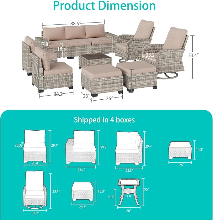 11-Piece Outdoor Patio Furniture Set with Rocking Swivel Chair Wicker Sectional Sofa Set, Patio Conversation Set with Ottomans & Coffee Table for Garden, Backyard, Poolside, Beige