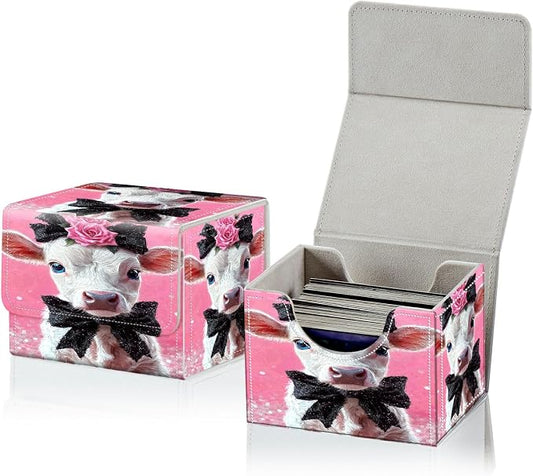 Card Deck Box for MTG, Cards Storage Box Fits 120+ Sleeved, Leather Small Size Strong Magnetic Closing Card Case for Board Games Magic TCG CCG Baseball Collection, Pink Flower White Cow