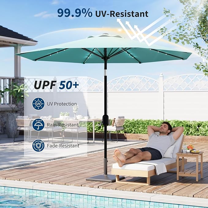10 ft Patio Umbrella with Solar Lights, Outdoor LED Lighted Umbrella, 40 LED Lights & Tilt Crank, 8 Ribs for Poolside, Deck, Backyard