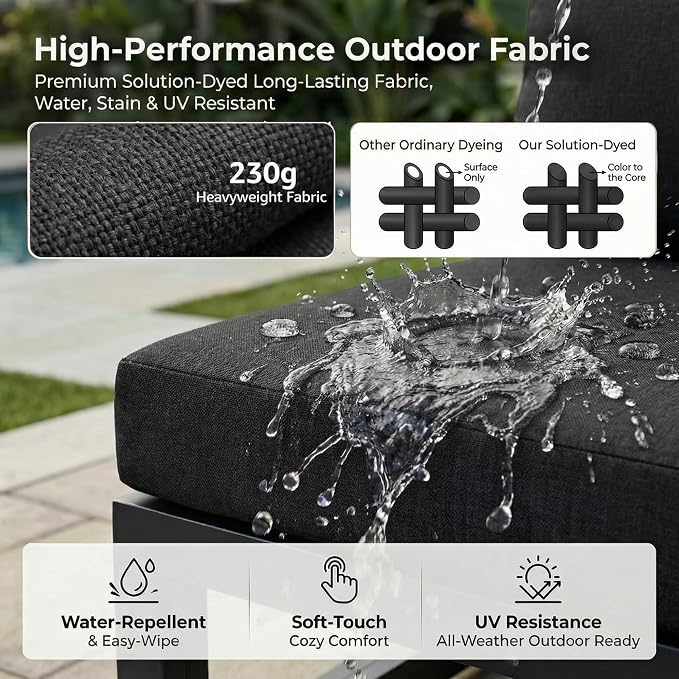 RADIATA 9 Piece Luxurious Aluminum Patio Furniture Set with Fireplace, 500 lbs Durable Outdoor Sectional Sofa, 29" Deep and Wide Big Seats, U Shaped Combo Conversation Couch for Outside Deck, Black
