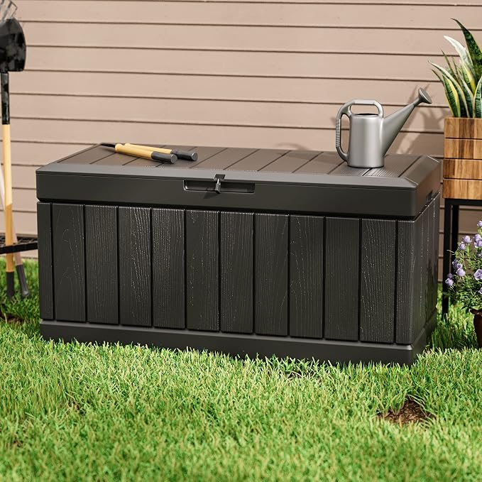 Greesum 82 Gallon Resin Deck Box, with Hydraulic Rod, Large Outdoor Storage for Patio Furniture, Garden Tools, Pool Supplies, Weatherproof, Lockable, Black