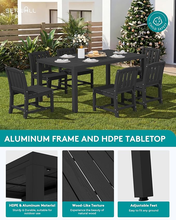 SERWALL 9-Piece Outdoor Dining Set, 60" - 83" Expandable Outdoor Dining Table and 8 HDPE Chairs, All Weather HDPE Outdoor Furniture Set for Backyard, Garden, Black