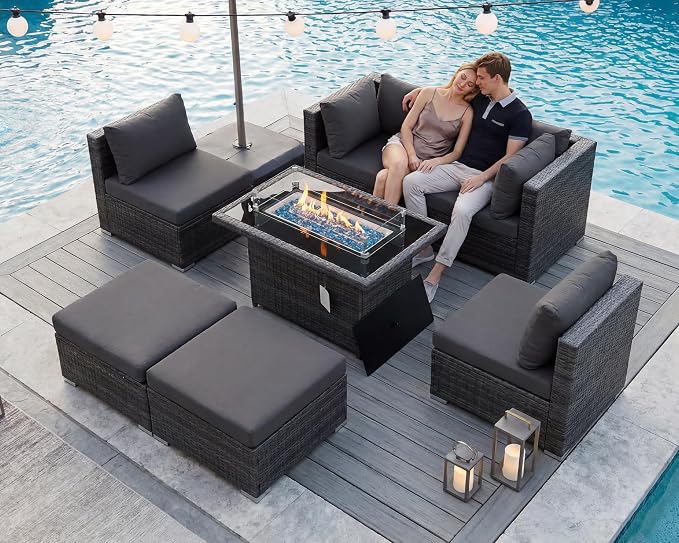 BULEXYARD 7 Piece High Back Outdoor Sectional Set with Fire Pit Table, Modern Wicker Patio Furniture Set Weather-Resistant, Modular 6-Person Couch Sofa Comfortable Wide Deep Seats for Backyard, Grey