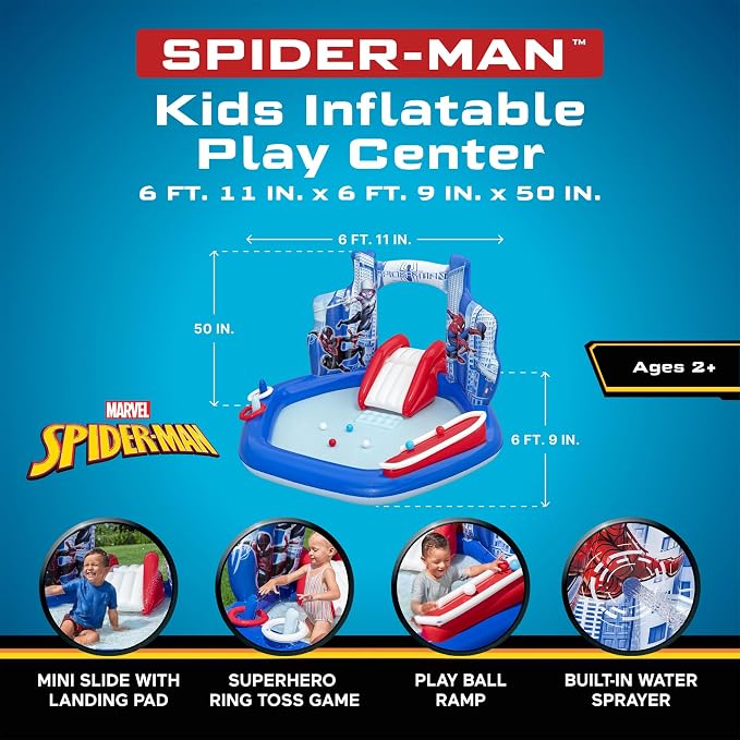Marvel Spider-Man Inflatable Water Play Center, 6'11" x 6'9" x 50" Kids Outdoor Activity Center with Water Archway & Slide, Game, & Splash Pool