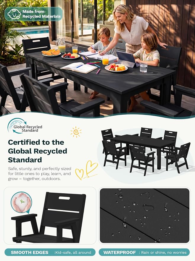 SERWALL 7-Piece HDPE Outdoor Patio Dining Set, All-Weather 76" Rectangular Table with Umbrella Hole & 6 Arm Chairs, Weather Resistant Heavy Duty Outdoor Furniture for Backyard, Deck, Garden, Black