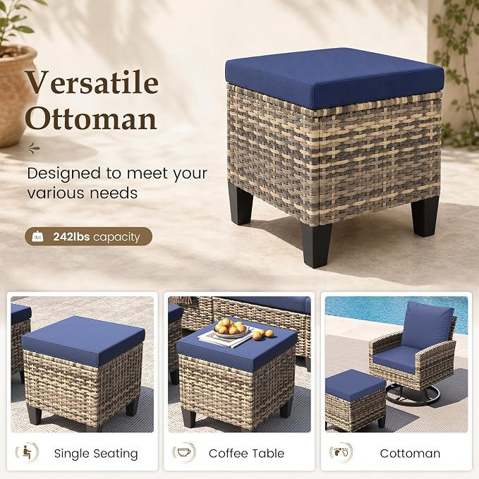 UDPATIO Patio Furniture Set with Fire Pit Table, 7 Pieces Outdoor Conversation Sets with Swivel Chairs and Ottomans, All-Weather Rattan Wicker Patio Sofa Couch for Backyard, Deck, Porch, Navy/Yellow