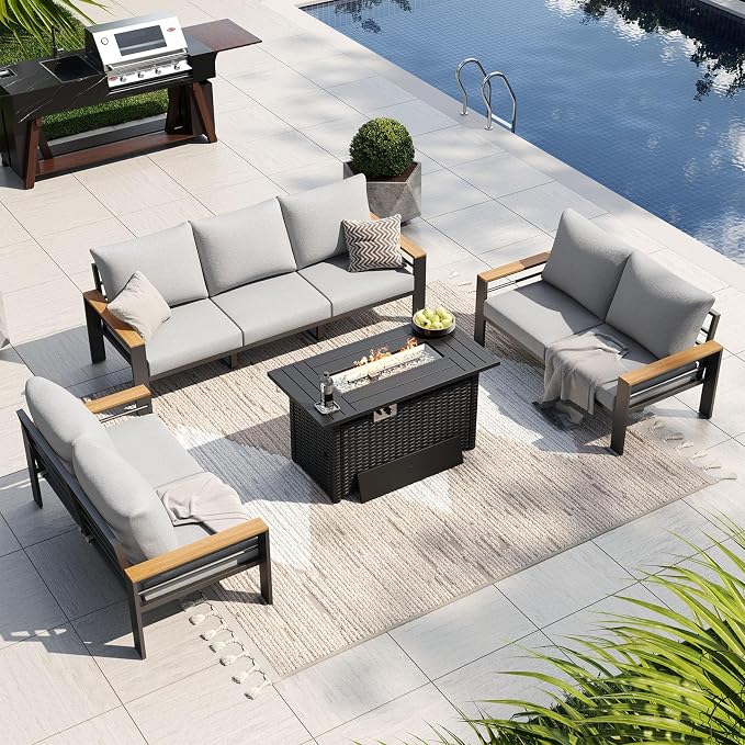 Aoxun Patio Furniture Set, Aluminum Patio Set with Fire Pit Table and 5" Thicken & Washable Cushion, Waterproof Outdoor Furniture, Outdoor Couch Sectional for Backyard (LS-7 Seats/F, Grey)