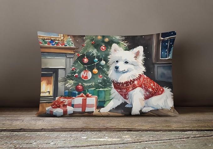 Caroline's Treasures DAC2595PW1216 American Eskimo Cozy Christmas Throw Pillow Machine Washable, Indoor Outdoor Decorative Pillow for Couch, Bed or Patio, 12HX16W