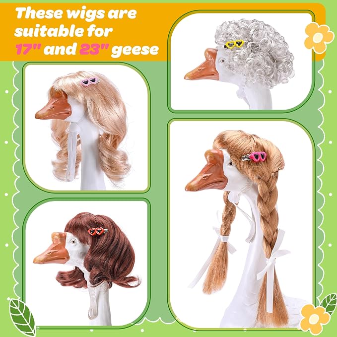 DECOHS 4 Pcs Porch Goose Wigs with Hair Clips, Cute Lawn Goose Statue Braid Wig, Porch Goose Outfits Costume for Outdoor Garden Patio Yard Goosey Decoration