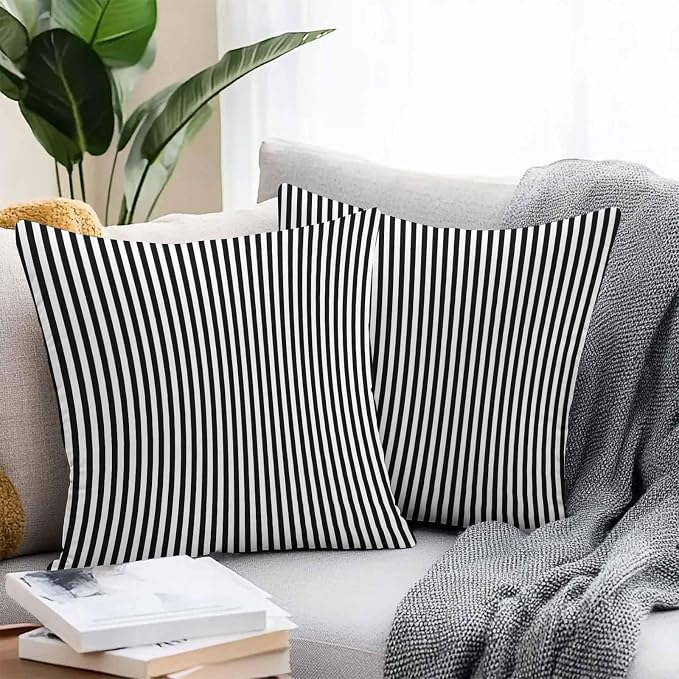 Throw Pillow Covers 26x26 Inch Set of 2, Black White Stripe Waterproof Outdoor Cushion Covers, Modern Minimalist Geometric Striped Decorative Pillowcases for Couch, Sofa, Bed, Garden, Patio