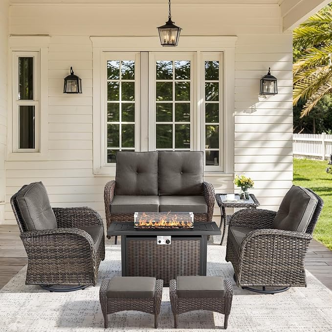 7 Pieces Outdoor Furniture with Fire Pit Deep Seating Outdoor Glider Loveseat with Patio Swivel Chairs Outdoor Furniture Set for Deck Porch Garden Balcony Poolside-Brown/Grey