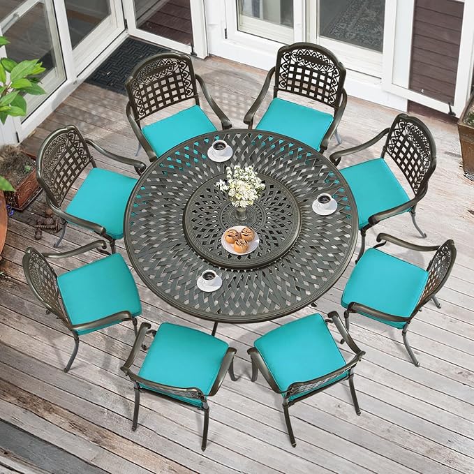 MEETWARM 9-Piece Outdoor Furniture Dining Set, All Weather Cast Aluminum Patio Garden Set with 8 Cushioned Chairs, 61" Round Patio Dining Table with Detachable Lazy Susan, 2" Umbrella Hole, Ocean Blue